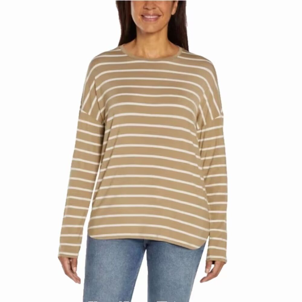 GAP Womens Tan White Striped Drop Shoulder Long Sleeve Crewneck Top Shirt L